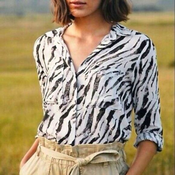 Anthropologie Cloth & Stone Animal Zebra Print Top Button Collar Blouse Size XL - Picture 1 of 7